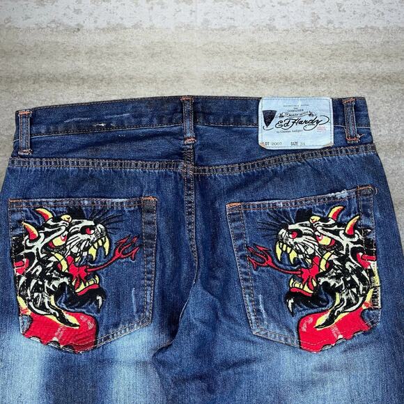 Vintage Y2K Ed Hardy Skater Jeans 34x32 Baggy Wide Leg Dark Wash Denim Rap Style - Picture 3 of 6